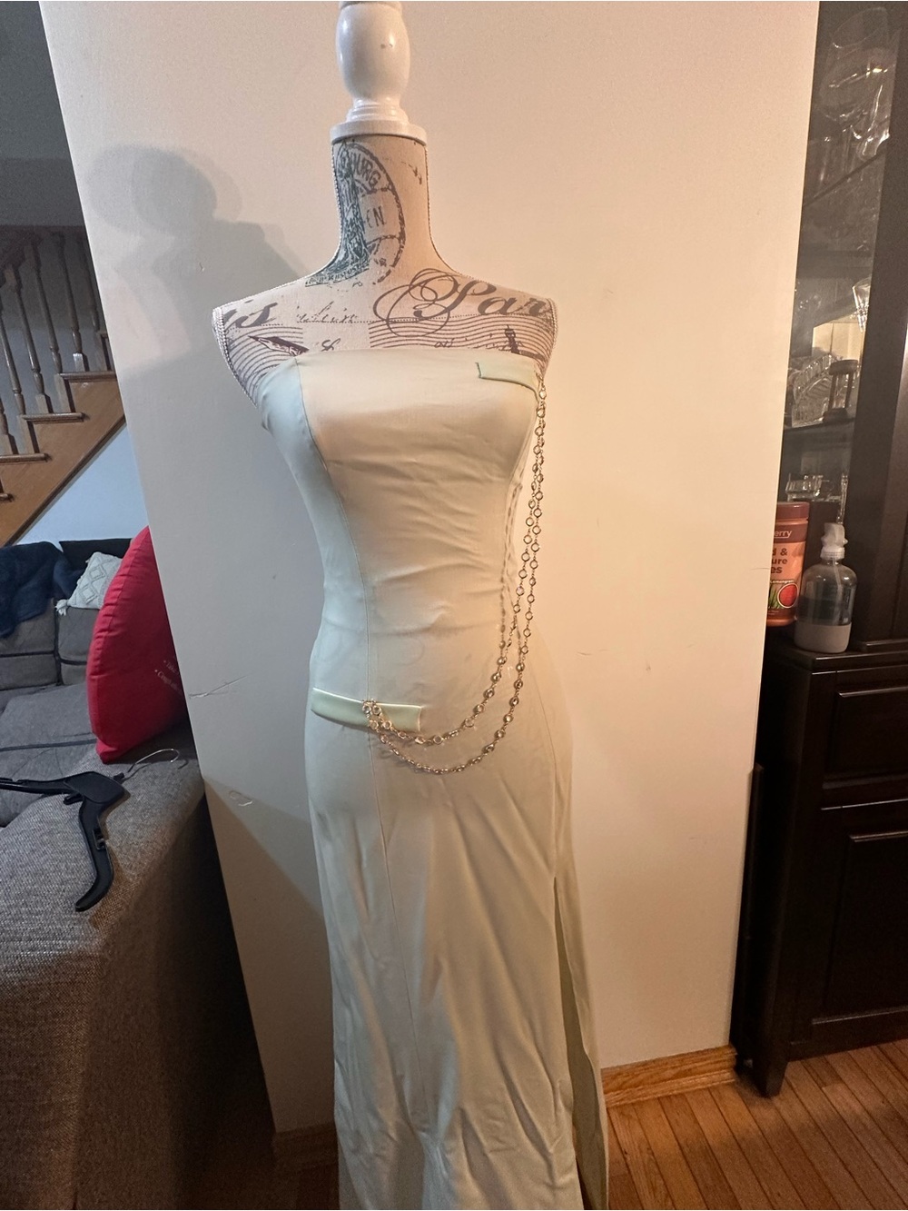 Jiki Paris Strapless Evening Gown in Pale Moss Green